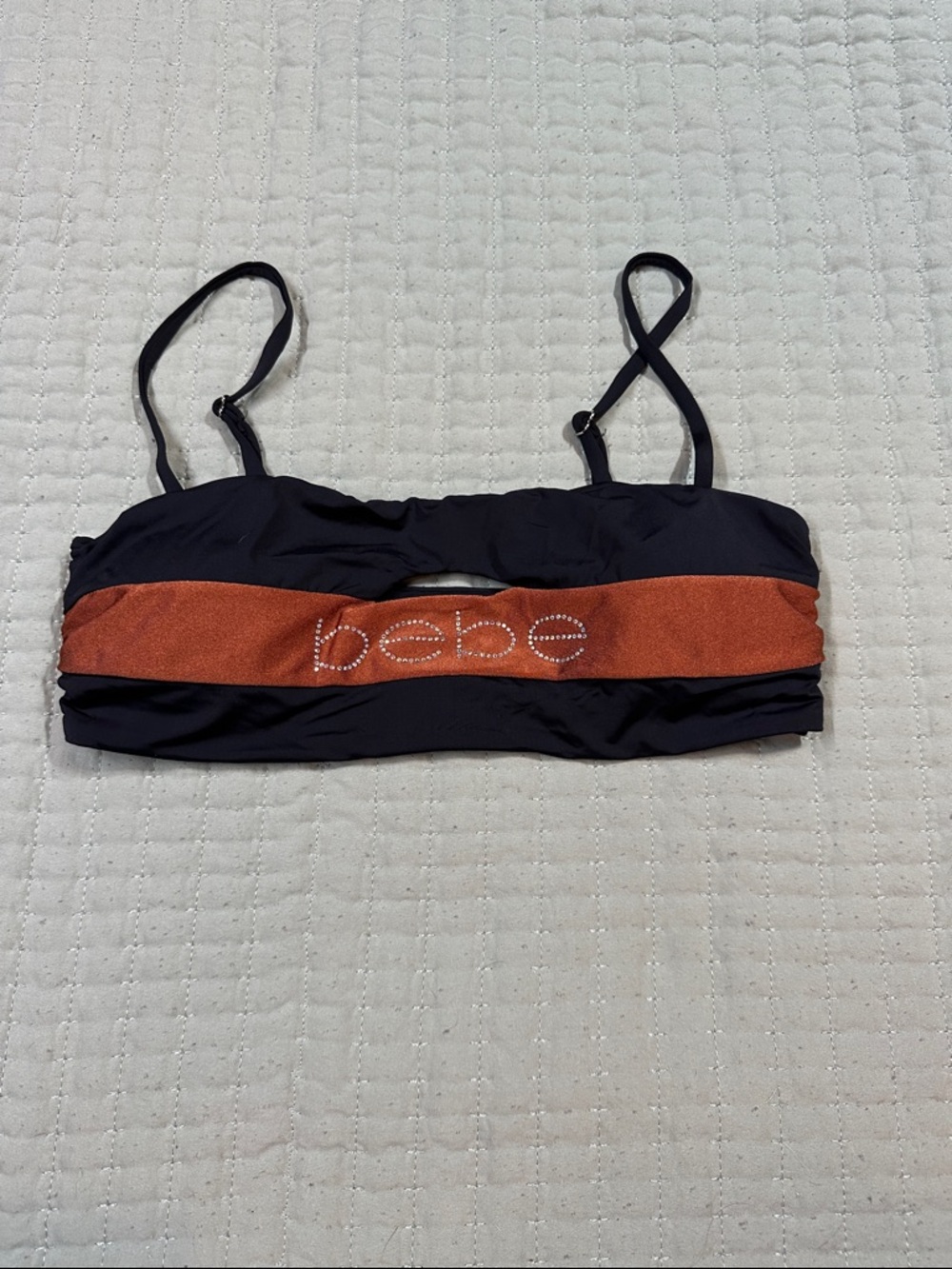 bebe Black and Rust Orange Bandeau Top with Rhinestone Logo